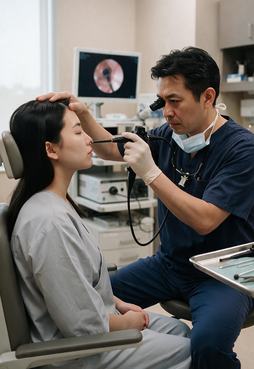 Clinician performing a nasal endoscopy examination