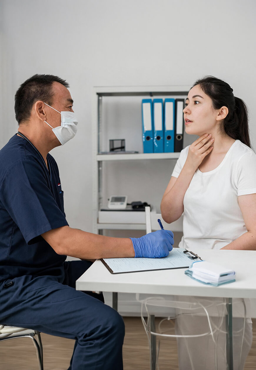 Speech therapist guiding a patient through a voice exercise