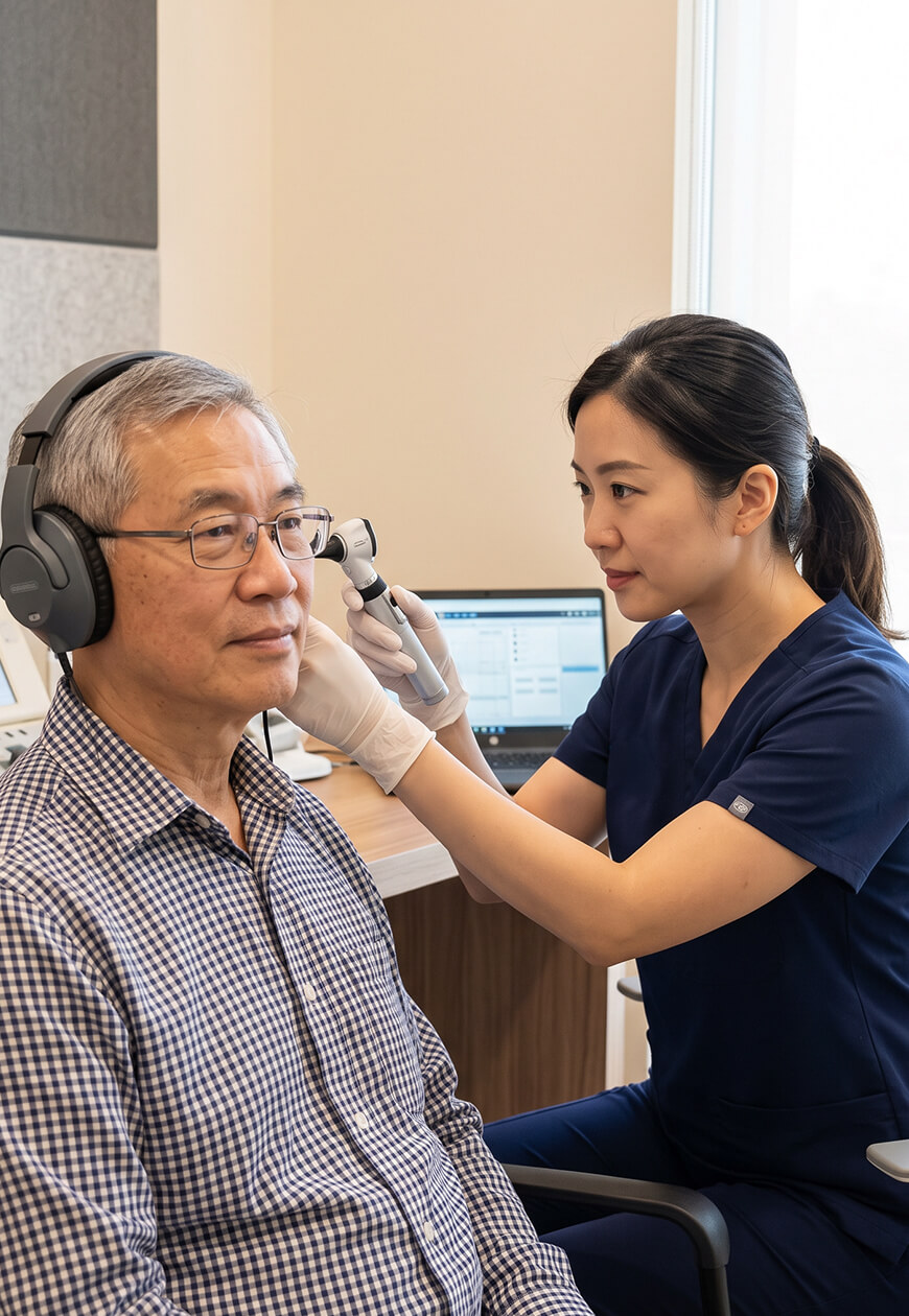 Audiologist fitting headphones on a patient during a hearing assessment