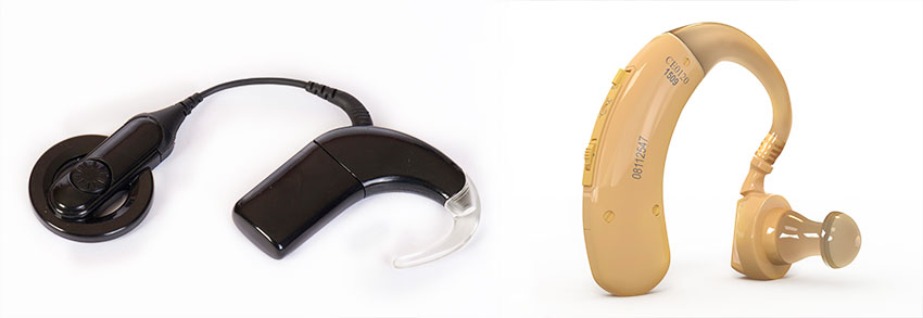 This is an image of a hearing aid and a cochlear implant. These instruments are used to help sensorineural hearing loss, which is one of the main cause of hearing loss. For people with hearing difficulty, they may use it to help treat hearing problems in one ear or both ears, and to treat different types of deafness. 
