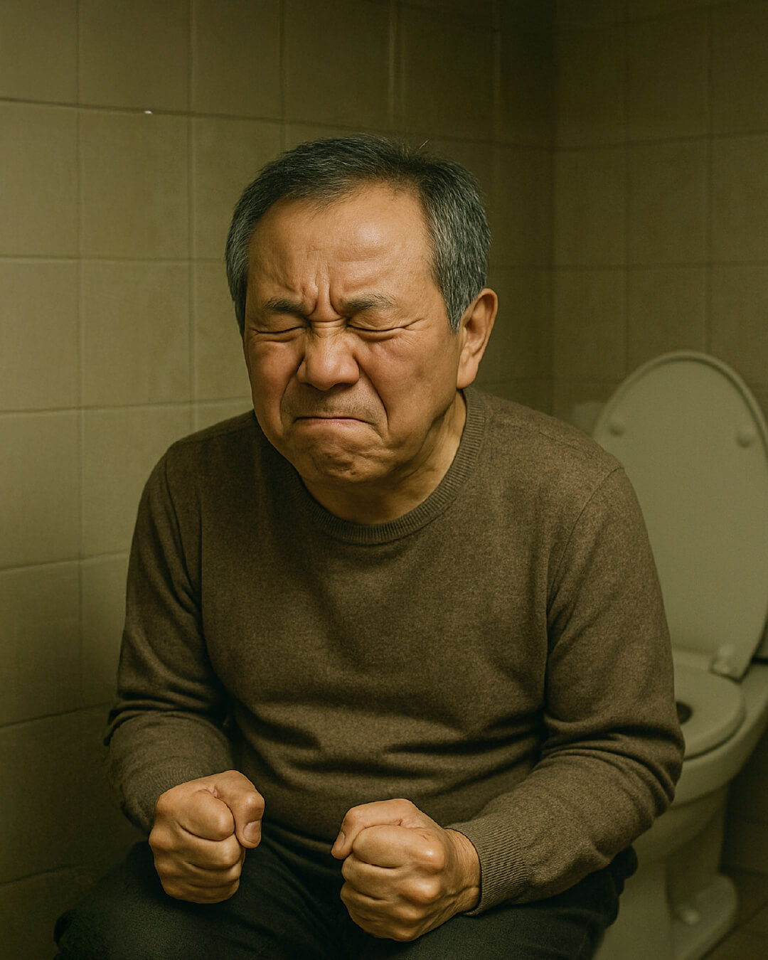 Elderly man straining on toilet, depicting a potential symptom of colorectal cancer.